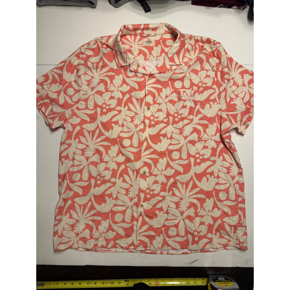 Marine Layer Mens XXL Coral Floral Linen Blend Camp Shirt Short Sleeve 17377